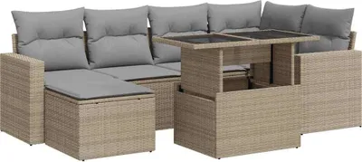 Produktbild von vidaXL 7-tlg. Garten-Sofagarnitur mit Kissen Beige Poly Rattan