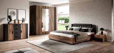 Immagine prodotto di Camera da letto completa Sigma 5 pezzi 160 cm Flagstaf rovere scuro - app. rosso rame / nero