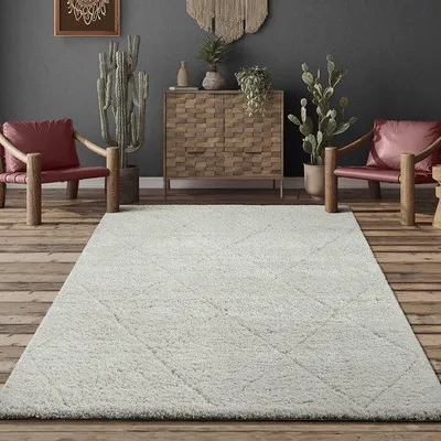 Immagine prodotto di Tappeto Shaggy ad alto pelo Unyqoos® – 160 x 230 cm, color crema, pelo di 30 mm, 100% polipropilene, motivo a rombi in stile scandinavo