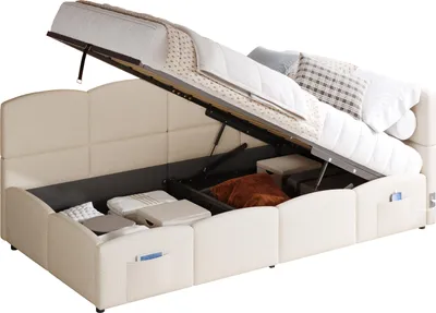 Produktbild von Polsterbett mit Aufbewahrung, Taschen, Lattenrost, USB und Type-C, 90x200 cm, Einzelbett mit gepolstertem Kopfteil, Frottee