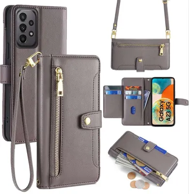 Produktbild von Handykette Samsung Hülle mit Band Handyhülle Kartenfächer Kunstleder Umhängetasche Galaxy A23 Grau