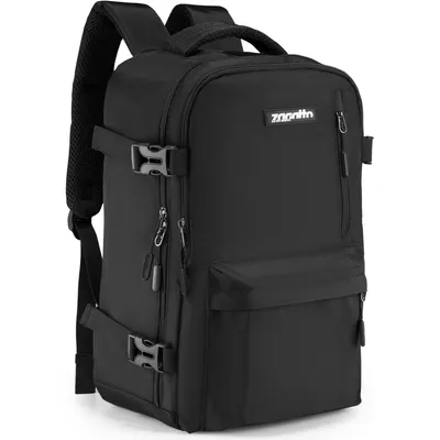 A black backpack is shown against a white background.