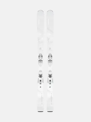 A pair of white skis with silver bindings, presented upright against a plain white background.