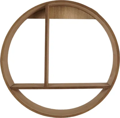 A wooden circular shelf with internal dividers.