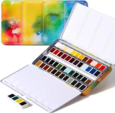 Imagen del producto de Juego de 48 acuarelas de calidad profesional, con paleta y estuche metálico portátil, ideal para artistas, estudiantes, dibujo e ilustración