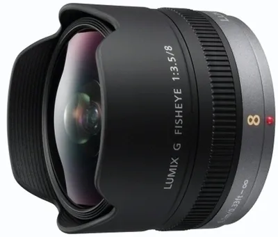 Imagen del producto de Objetivo ojo de pez Panasonic de 8 mm / F 3,5 LUMIX G, compatible con sistemas de cámara Micro Four Thirds, con enfoque automático