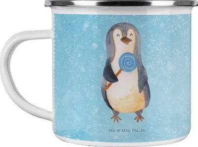 Produktbild von Mr. & Mrs. Panda Reisebecher Pinguin Lolli - Eisblau - Geschenk, Pott, Emaille Tasse, Spruch, Kaffeepott, Heißhunger, Naschen, Motivtasse, Süß, Süßigkeiten, Teetasse