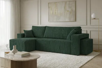 Image de Canapé d'angle Kaiser Möbel avec fonction convertible et pouf, revêtement en tissu cord Tilia, vert, côté gauche, modèle BEST L avec pouf