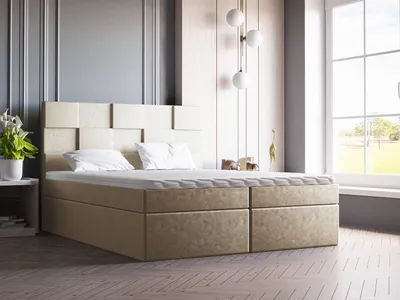 Produktbild von Boxspringbett mit Topper 140x200 Berg - Doppelbett, Polsterbett, Schlafzimmerbett - Bettkasten, Bonell-Matratze - Samtstoff (Beige - Amor Velvet 4304)