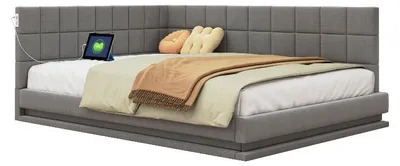 Zdjęcie produktu dla Łóżko tapicerowane 160x200 cm, kolor szary, obite tkaniną lnianą, z listwą LED i portem USB, idealne do sypialni