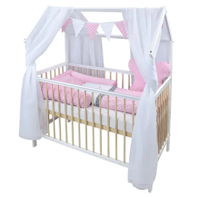 Produktbild von Baby-Delux Hausbett Kinderbett Gitterbett Weiß Natur 60x120 Beißschienen Schutzgitter Matratze Bett Set Princess Stars