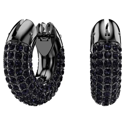 A pair of black hoop earrings encrusted with dark purple stones, shown from the front and side.