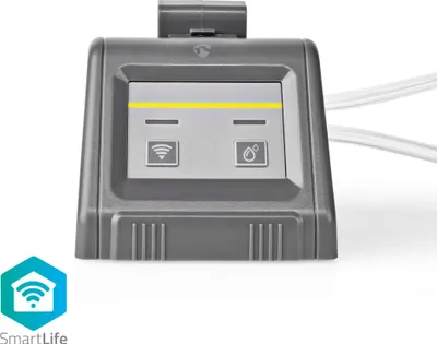 Close-up of a gray smart water pump control unit with two buttons and a yellow line.