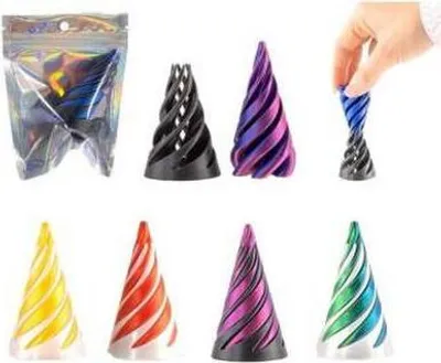 A collage of various colorful spiral cone-shaped fidget toys, some in a bag, and one being held by a hand.