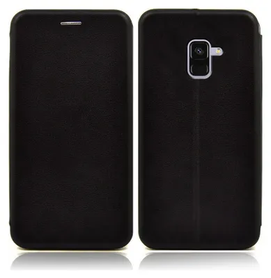A black flip case for a smartphone is shown from the front and back.