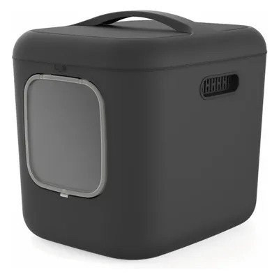 A dark gray cat litter box with a door and a handle on top, shown from a front-diagonal angle on a white background.
