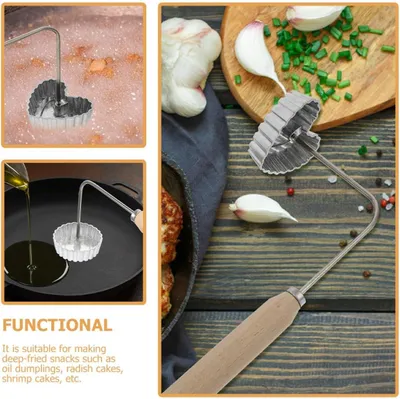 Produktbild von Formstabile Frittierform aus einer Aluminiumlegierung für Ölteig, mit Holzgriff zur Zubereitung frittierter Snacks wie Ölknödeln und Garnelenküchlein