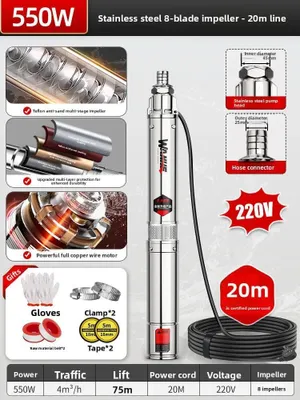 Immagine prodotto di Pompa sommergibile in acciaio inossidabile, multistadio, 550 W, 8 giranti. Elevata portata, portata di 70 litri/minuto, 2850 giri/minuto. Ideale per l'irrigazione del giardino e l'approvvigionamento idrico domestico