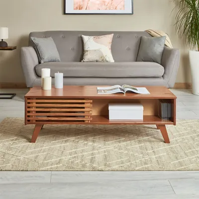 Produktbild von Couchtisch SEAN, mit 2 Fächern in kastanie, eleganter Beistelltisch im skandinavischen Design,  praktischer Wohnzimmertisch mit Schiebtür aus massiver Kiefer