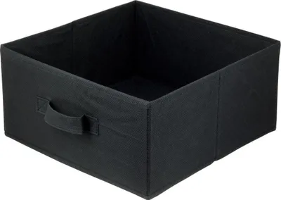 A black fabric storage box with a handle is shown from a slightly elevated angle against a white background.