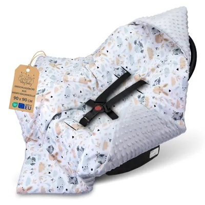 Produktbild von Einschlagdecke Babyschale Minky mit Kapuze Ganzjahres 90x90 cm Eulen Hellgrau