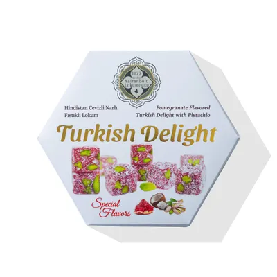 Produktbild von Meşhur Safranbolu Lokumcusu Turkish Delight Granatapfel mit Pistazien 200 g - Lokum mit Kokosüberzug