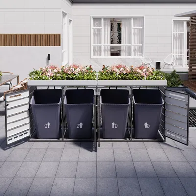 Image de Cache-poubelle à 4 compartiments avec jardinière intégrée, panneaux horizontaux effet bois, ventilation, portes verrouillables et structure en fer noir