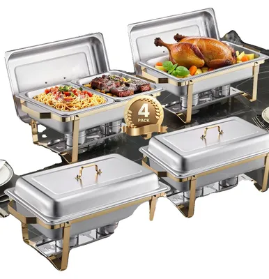 Immagine prodotto di VEVOR Set scaldavivande in acciaio inox con 2 pentole intere (7,5 l) e 4 mezze pentole (4 l), scaldavivande rettangolare per catering, oro