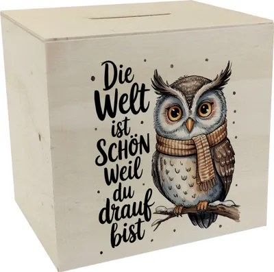 Produktbild von Eule mit Schal Spardose aus Holz Die Welt ist schön