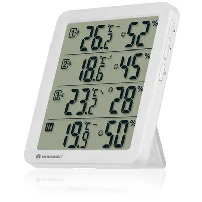 A white digital thermometer and hygrometer with a stand, displaying temperature and humidity readings for multiple locations.