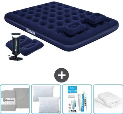 Zdjęcie produktu dla Dwuosobowy materac dmuchany – niebieski – 152 x 203 x 22 cm – w zestawie z pompką ręczną, poduszką, prześcieradłem z gumką, poszewkami na poduszki i zestawem naprawczym