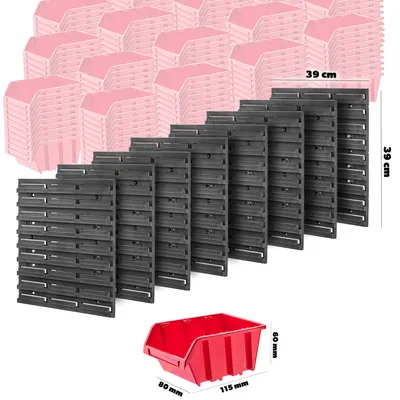 A collection of pink storage bins stacked in the background, with black storage bins and a red storage bin in the foreground, along with dimensions.