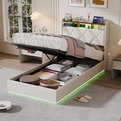 Zdjęcie produktu dla Łóżko tapicerowane ProximaX 90 x 200 cm, beżowe płótno lniane, z hydraulicznym mechanizmem podnoszenia, oświetleniem LED RGB, stacją ładującą i schowkiem w zagłówku, łóżko pojedyncze