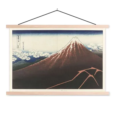 Produktbild von MuchoWow® Textilposter Regensturm am Fuße des Berges Fuji - Gemälde von Katsushika Hokusai 120x90 cm mit holzfarbenen Rahmen - Magnetisch