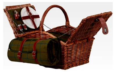 Produktbild von Picknickset für 2 Personen mit Picknickkorb und integrierter Kühltasche, Picknickdecke 135x115 cm, Besteck und Geschirr, Korb in Natur, Decke in Grün