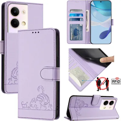 Produktbild von Leder Hülle für Oppo Reno9 / Reno9 Pro Süße Katze Flip Case Brieftasche Schutzhülle mit Standfunktion Lila