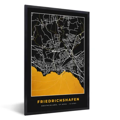 Produktbild von MuchoWow® Gerahmtes Poster Stadtplan - Karte - Deutschland - Gold - Friedrichshafen - Karte 60x90 cm - Poster mit Schwarzem Bilderrahmen Wandposter Rahmen Foto Bilder - Kunst