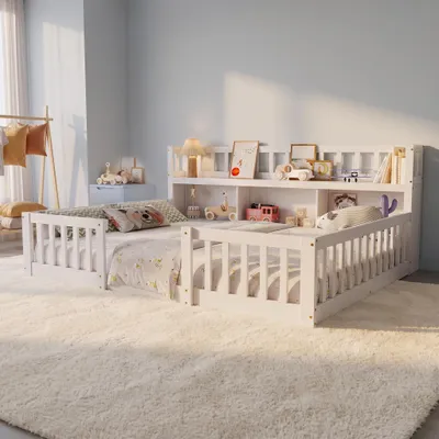 Produktbild von Kinderbett 140x200cm mit Rausfallschutz,Bett mit Stauraum und Bücherregal,Bodenbett aus Kiefer Massivholz,Jugendbett Bettgestell mit Lattenrost, Weiß