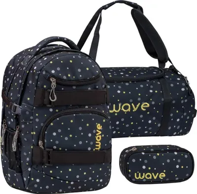 Produktbild von Wave Schulrucksack Set Infinity BLACK and YELLOW DOTS ab 4/5 Klasse für Mädchen und Jungen mit Sporttasche und Schlamper