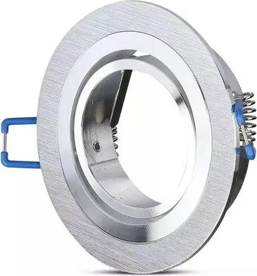 A close-up studio shot of a silver recessed light fixture with blue spring clips.