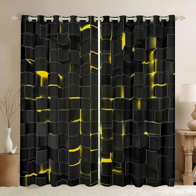 Kinder-Vorhang 46x72, Gelb-Schwarz, Geometrisches Muster