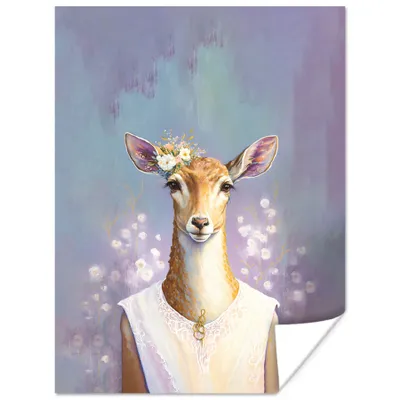Produktbild von MuchoWow® Poster Hirsche - Blumen - Gemälde - Porträt - Tiere 120x160 cm - Wandbilder