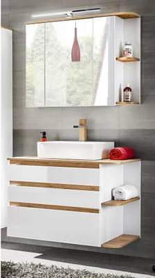 Produktbild von Badmöbel Waschplatz Set mit Keramik-Waschtisch CAMPOS-56, Hochglanz weiß mit Wotaneiche, B/H/T: ca. 94/200/50 cm
