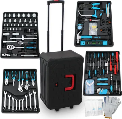 A collection of toolkits and a rolling toolbox are displayed against a white background.