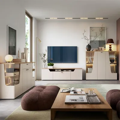 Produktbild von Wohnzimmer-Set in Kaschmir & Eiche mit Sideboard, Lowboard & Highboard, 3-teilig - CARMONA-129