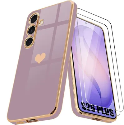 Image de Coque + 2 Verres Trempés pour Samsung Galaxy S26 Plus, Protection TPU Motif Cœur Antichoc Anti-Rayure Souple Violet
