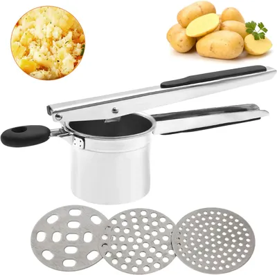 Produktbild von Kartoffelpresse Spätzlepresse Manueller Pressstampfer aus Edelstahl 304 für Entsafter Obstgemüse mit 3 austauschbaren Scheiben