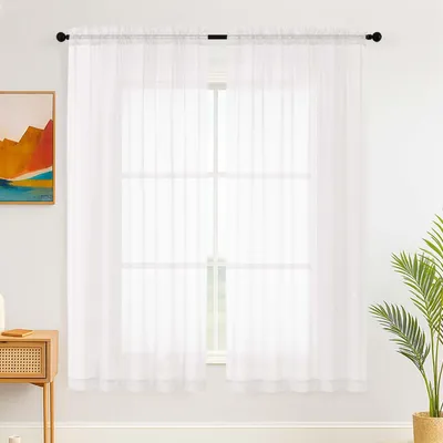 Productafbeelding van Transparante gordijnen - Halfdoorschijnend met lus voor gordijnstang - Raamdecoratie - Wit - Set van 2, hoogte 175 cm, breedte 150 cm