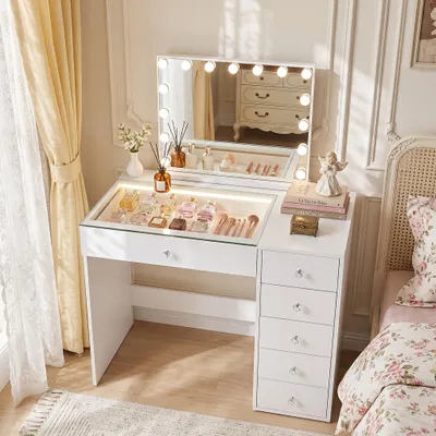 Immagine prodotto di VANITII: Tavolino da trucco con specchio illuminato, 6 cassetti, bianco, 92 x 55 x 127 cm