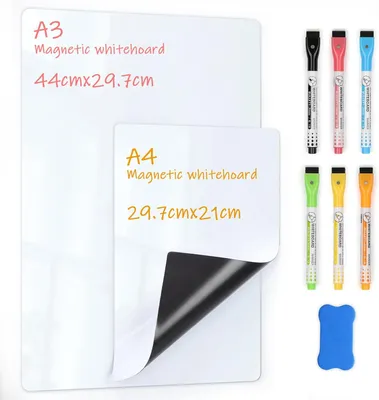 Zdjęcie produktu dla Magnetyczne tablice suchościeralne do lodówki - zestaw 2 sztuk (A3 + A4) z 6 markerami i 1 gumką - łatwe do pisania i wycierania
